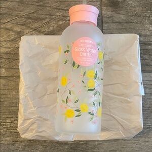 Floral Glass Water Bottle with Pink Lid
